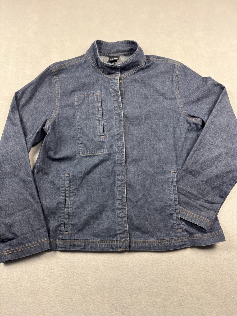 Eileen Fisher Denim Snap Jacket Women’s Dark Blue Size M Mandarin Collar Trucker
